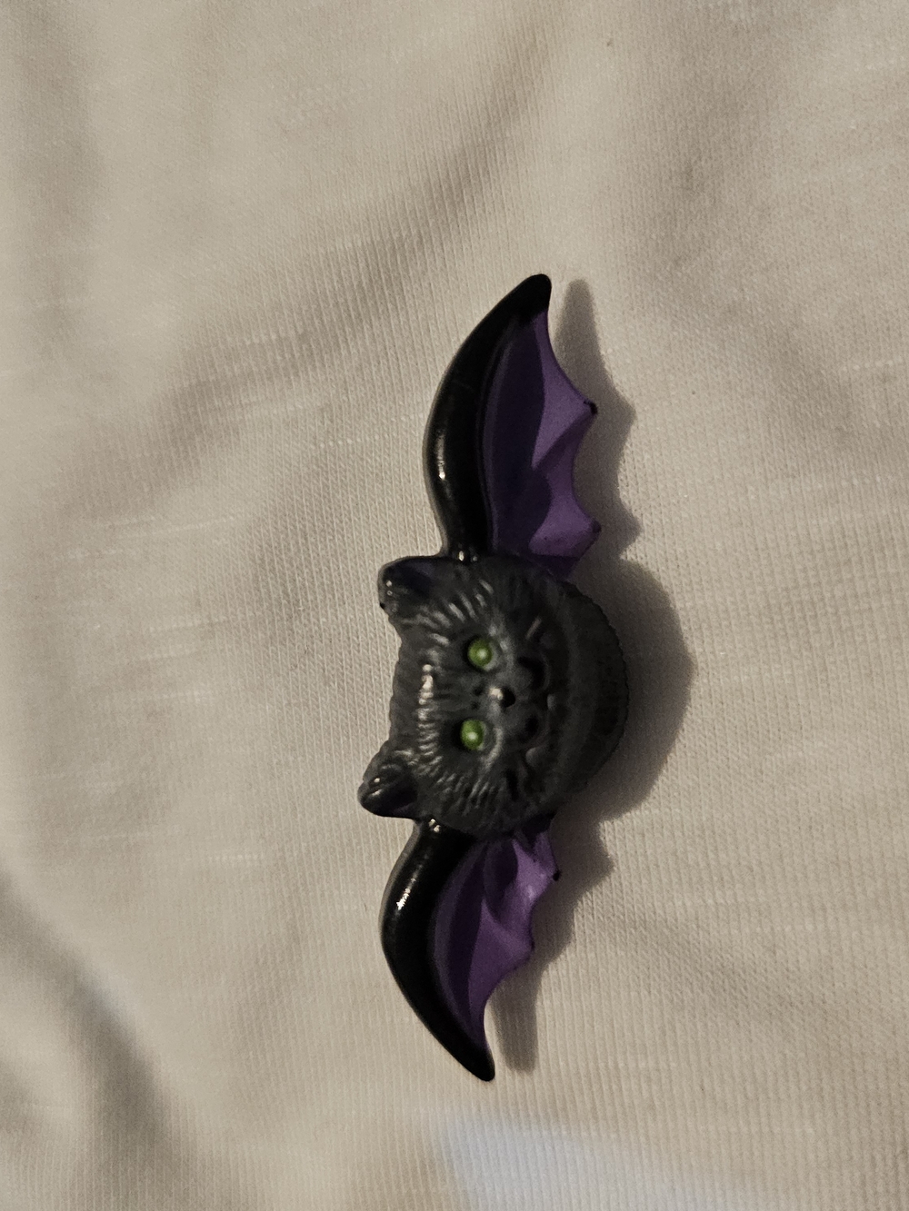 Purple & Black Bat Cat Brooch Pin with Green Eyes